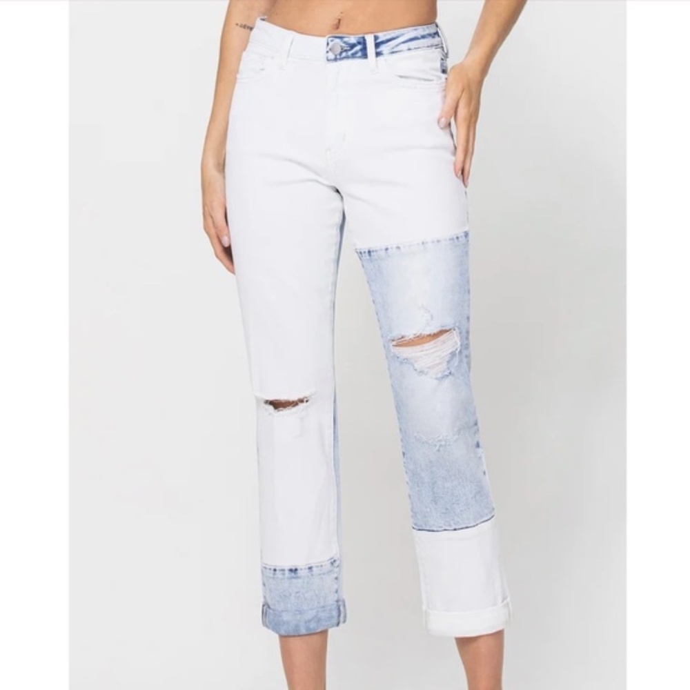Flying Monkey White Boyfriend Colorblock Patch Stretch Skinny Jeans